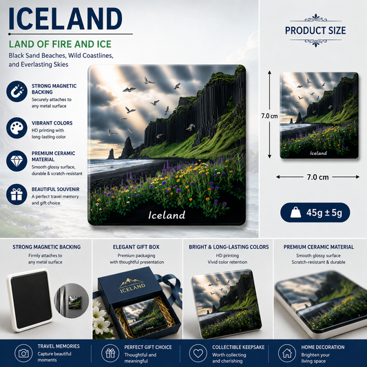 Iceland Ceramic Fridge Magnet – Nordic Landscape Souvenir, Black Sand Beach Refrigerator Magnet, Scandinavian Travel Gift & Nature Home Decor