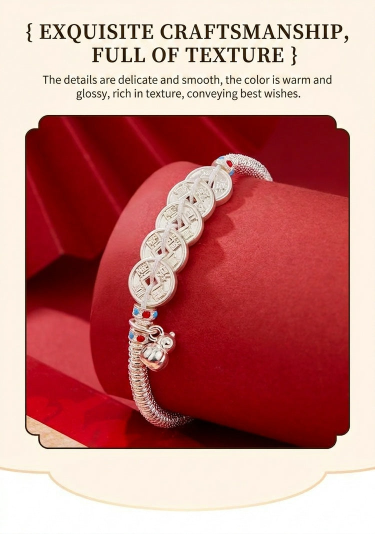 925 Pure Silver Lucky Coin Bracelet – Chinese Feng Shui Wealth Bracelet, Vintage Fortune Charm Jewelry for Women