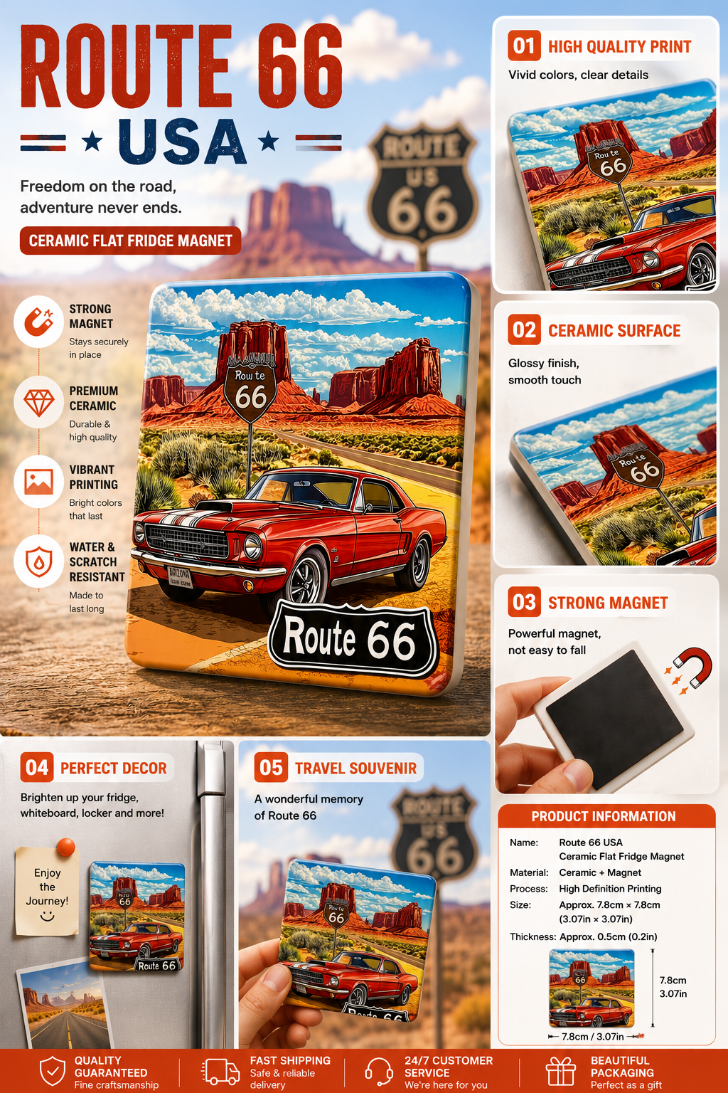 Route 66 USA Ceramic Fridge Magnet – Vintage American Road Trip Refrigerator Magnet | Retro Travel Souvenir & Classic Car Home Decor