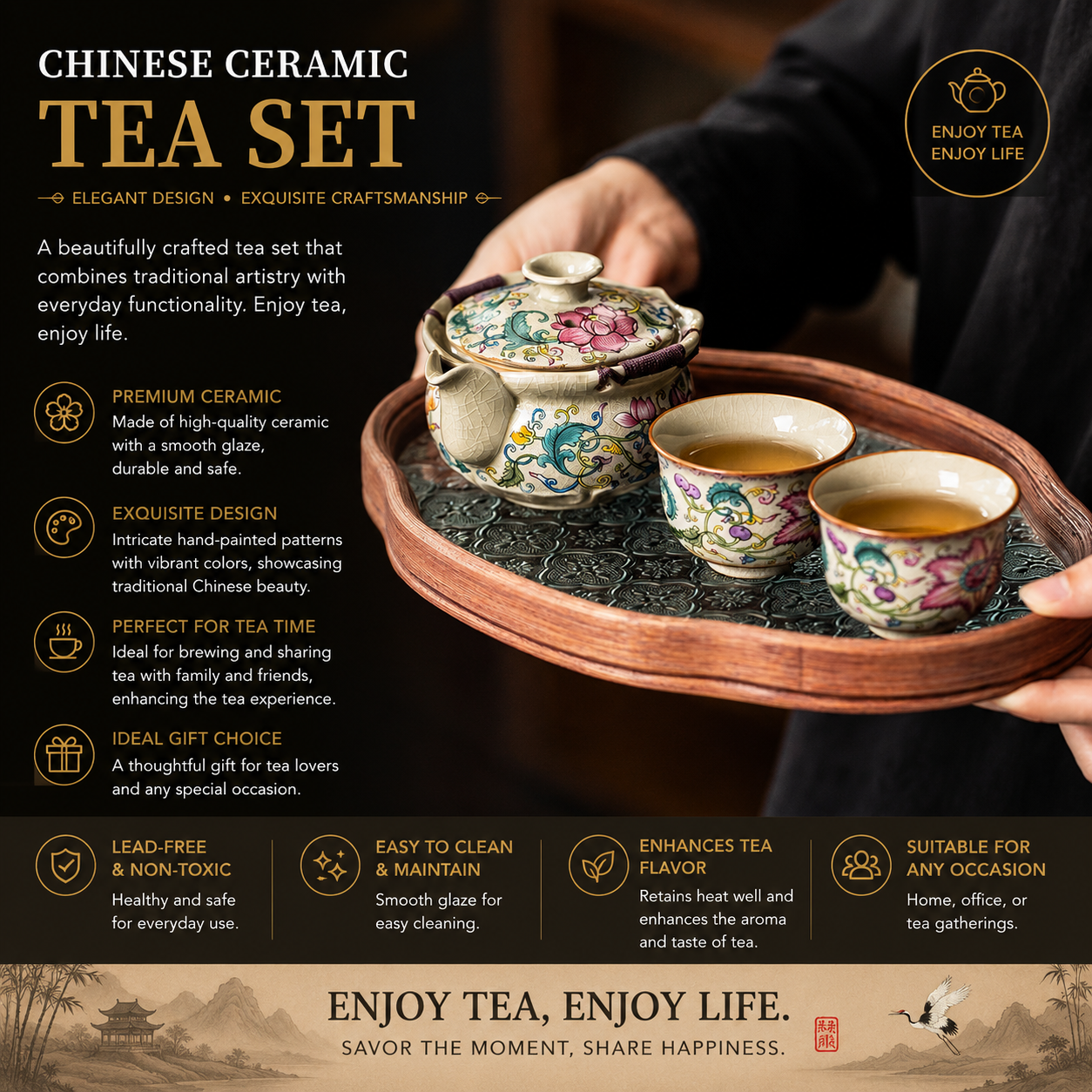 Lotus Bloom Harmony Ceramic Tea Set with hand-painted lotus floral design, ceramic teapot, tea cups and serving tray for traditional Chinese tea ceremonies.
