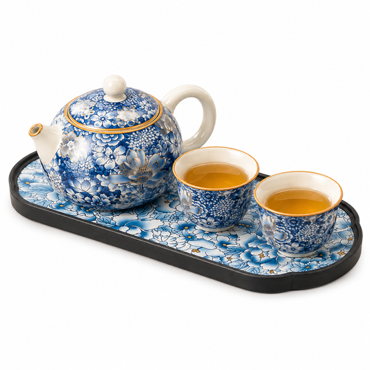 Blue Blossom Travel Tea Set™ Portable Floral Ceramic Tea Set for Tea Anytime, Anywhere