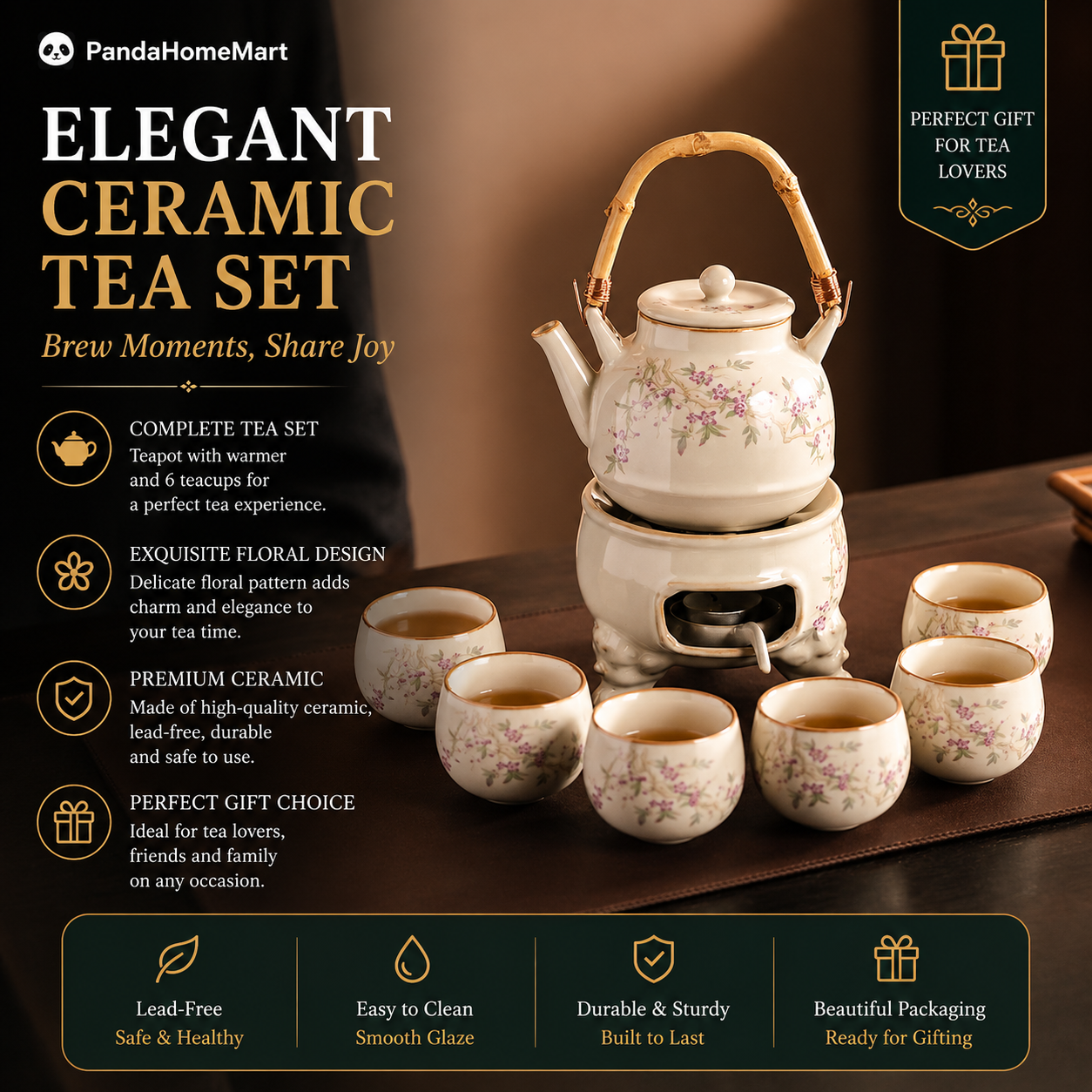 Cherry Blossom Serenity Warming Tea Set featuring a floral ceramic teapot with warming base, six matching tea cups, and elegant cherry blossom artwork.