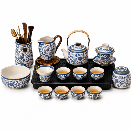 Blue & White Porcelain Gongfu Tea Set™ | Traditional Chinese Ceramic Tea Set with Wooden Handle & 7 Cups