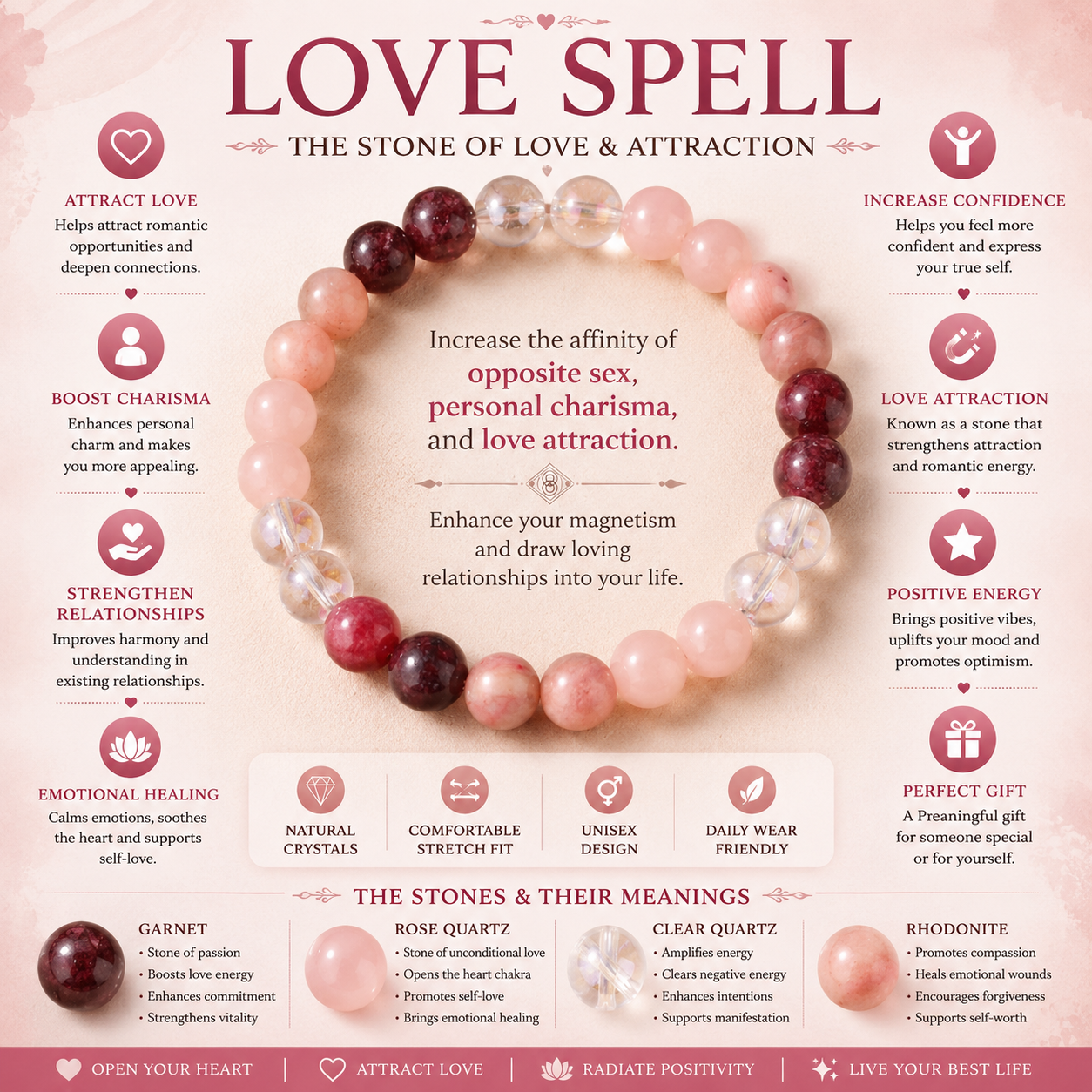 Love Attraction Bracelet™ | Rose Quartz & Garnet Crystal Energy Bracelet