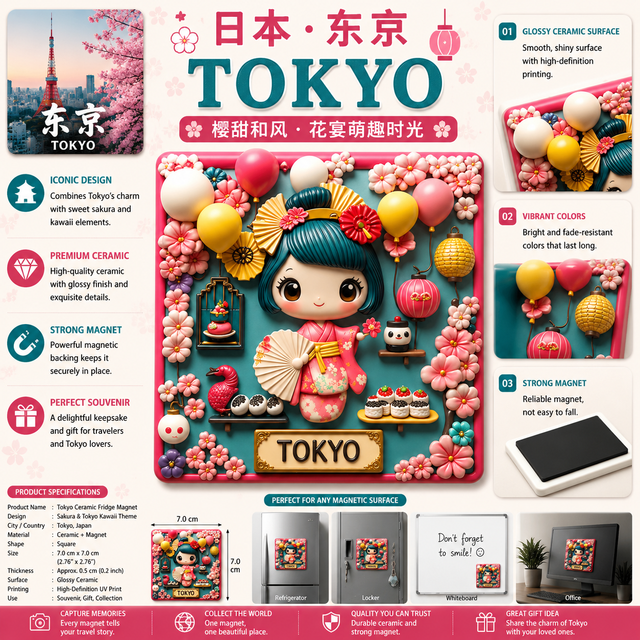Tokyo Sakura Kawaii Ceramic Fridge Magnet