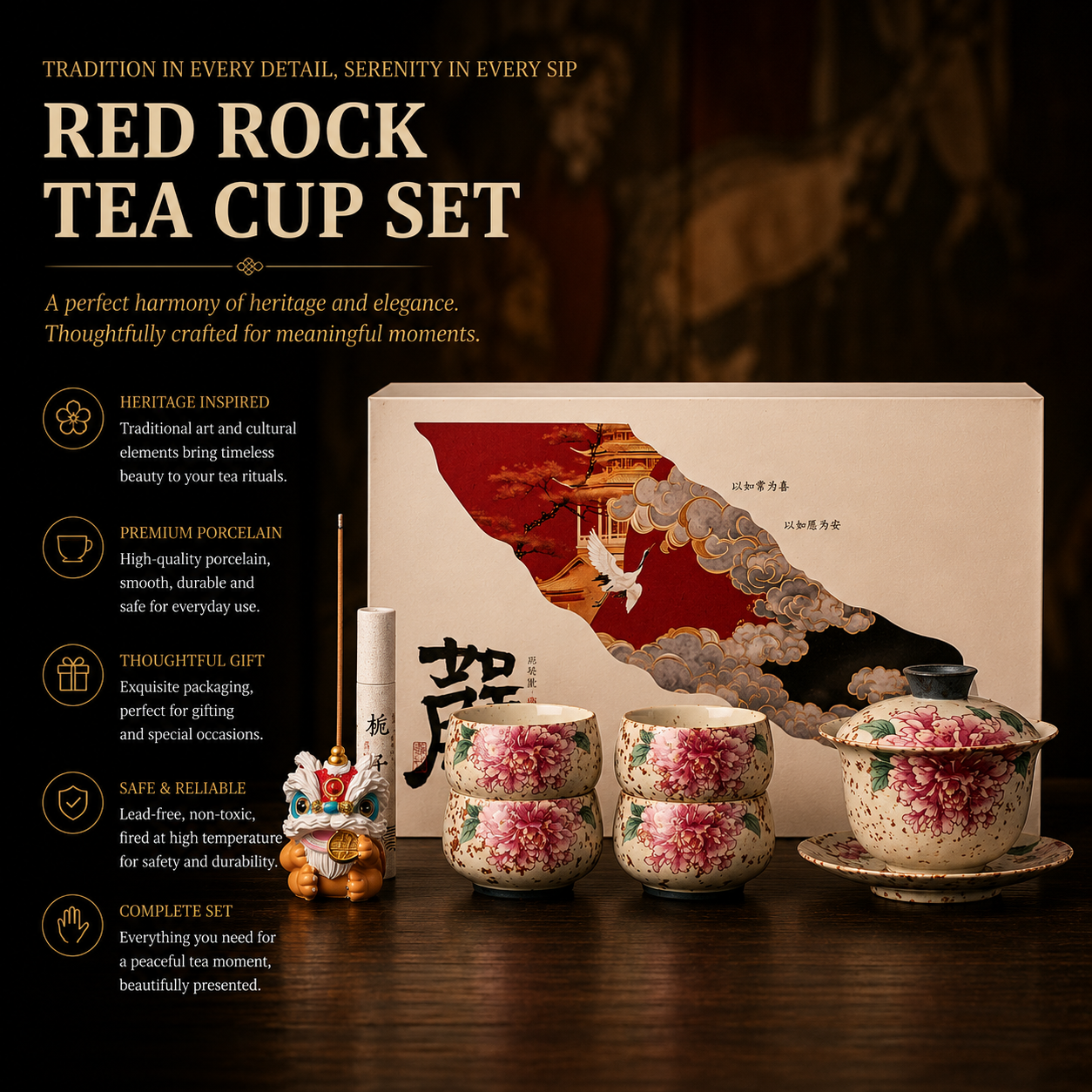 Peony Blossom Prosperity Gaiwan Tea Gift Set™ | Luxury Chinese Tea Ceremony Gift Box