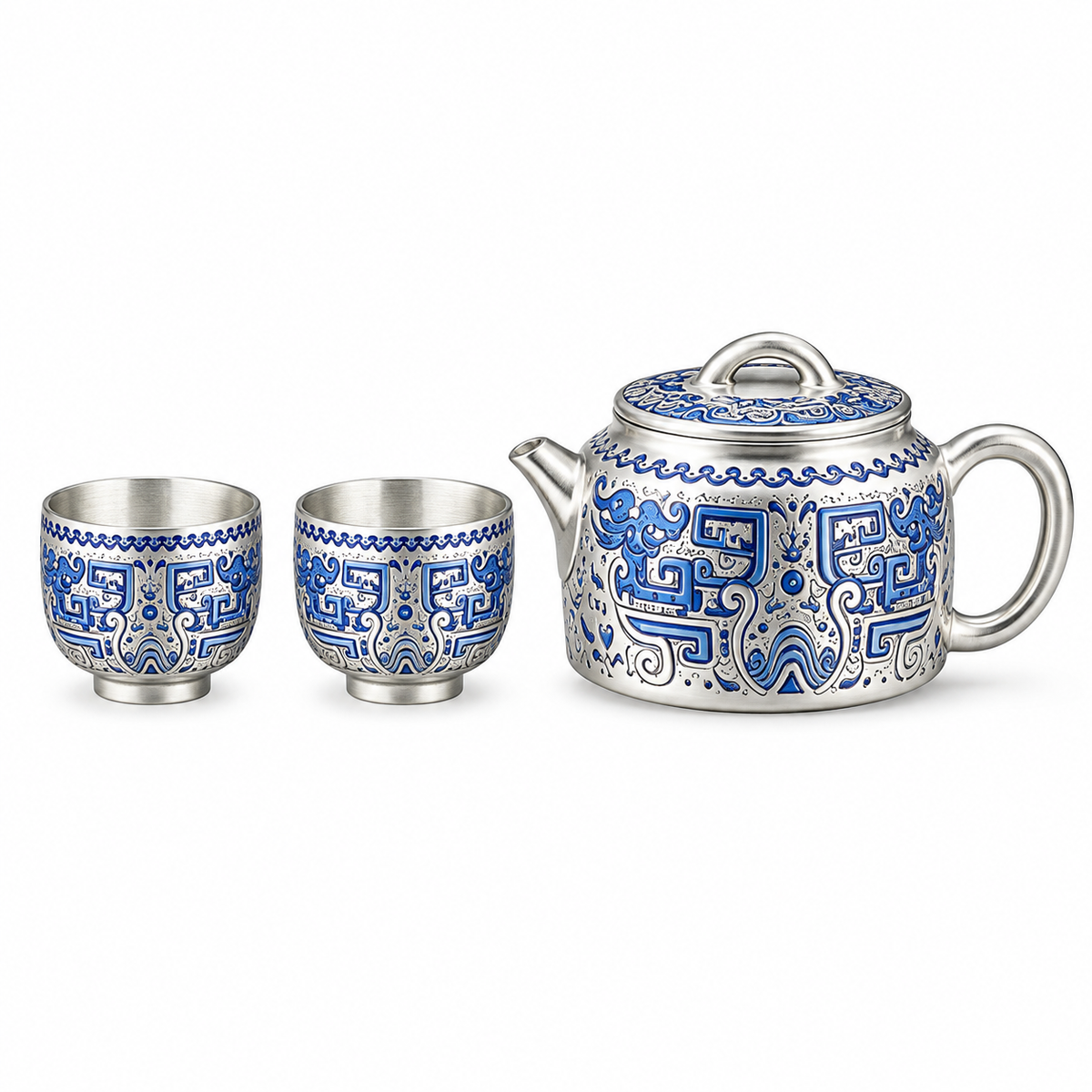 Heritage Blue silver-toned tea set with 175 mL patterned teapot, two matching 65 mL tea cups and gift box