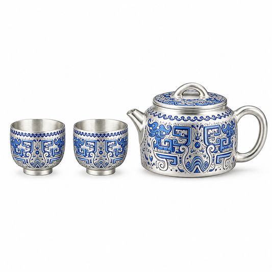 Heritage Blue silver-toned tea set with 175 mL patterned teapot, two matching 65 mL tea cups and gift box