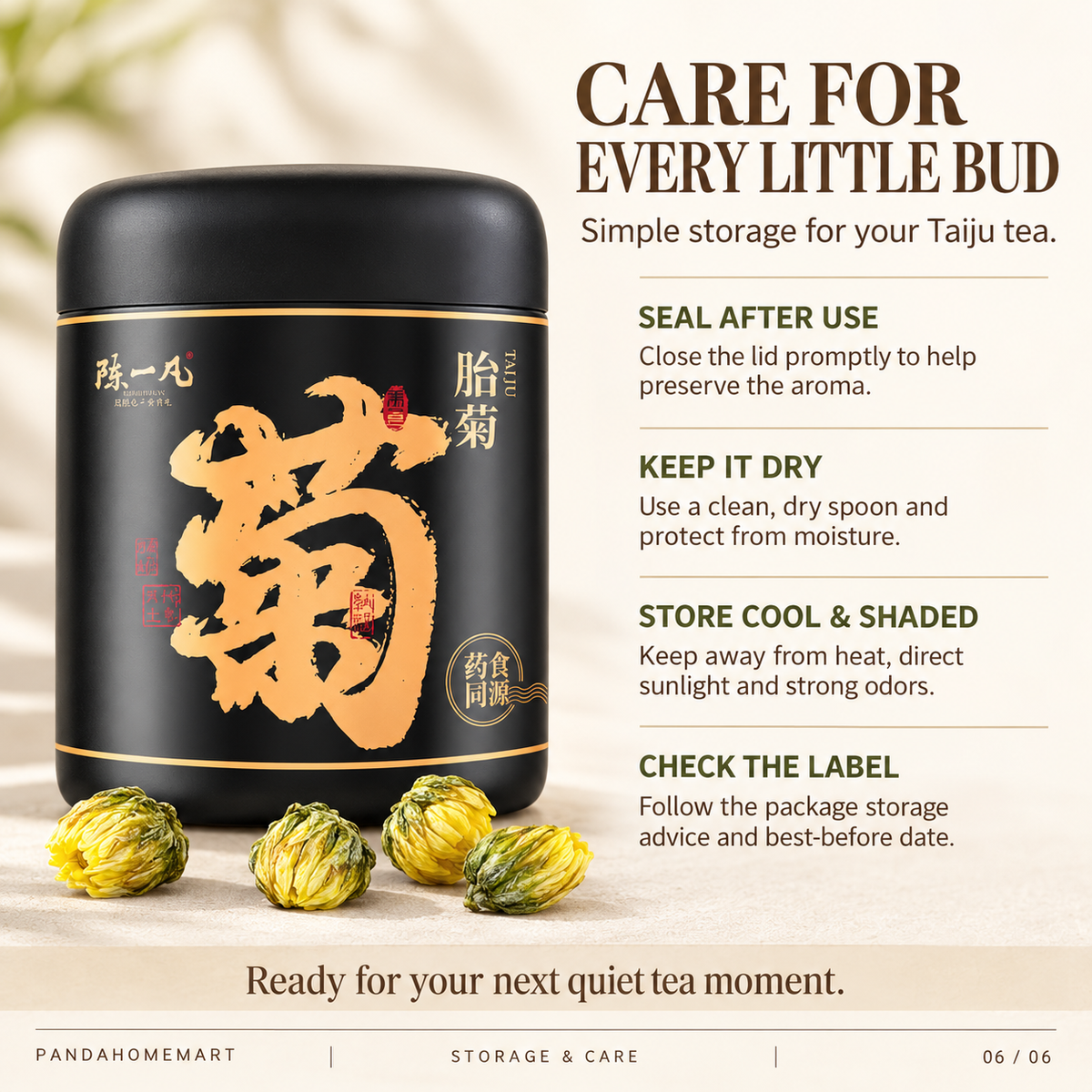 PandaHomeMart Tai Ju Chrysanthemum Bud Tea 50g Black and Gold Canister