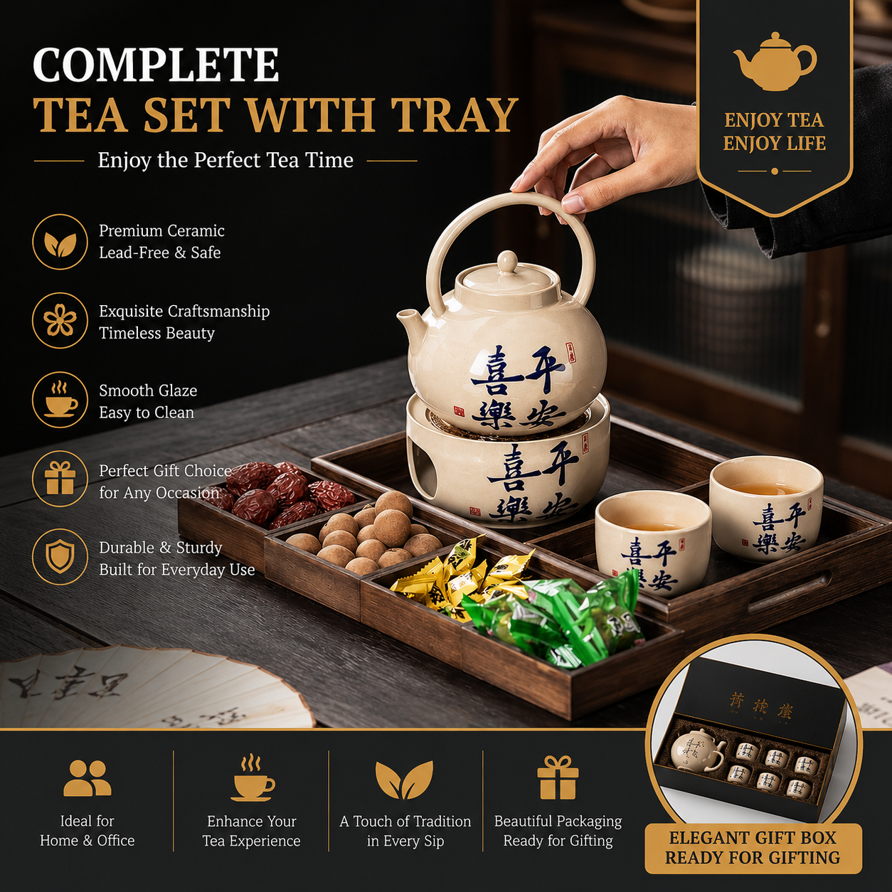 Harmony Blessing Warming Tea Set | Ceramic Tea Set with Warmer & Tray