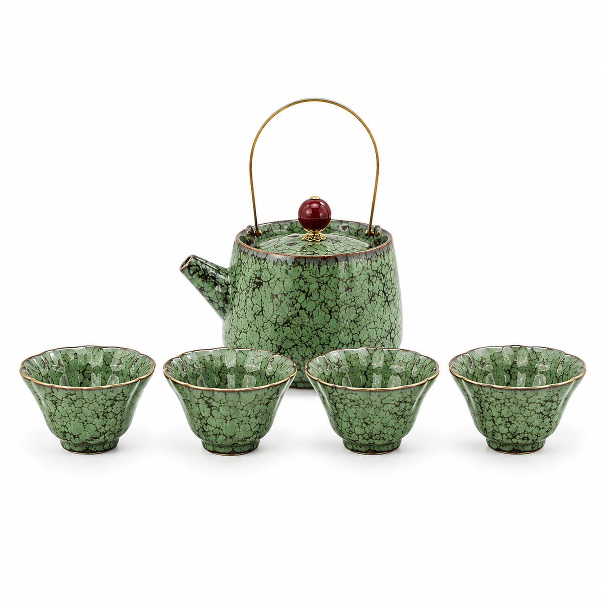 Verdant green kiln-change ceramic tea set with 230 mL overhead-handle teapot and four matching 80 mL tea cups