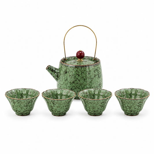Verdant green kiln-change ceramic tea set with 230 mL overhead-handle teapot and four matching 80 mL tea cups