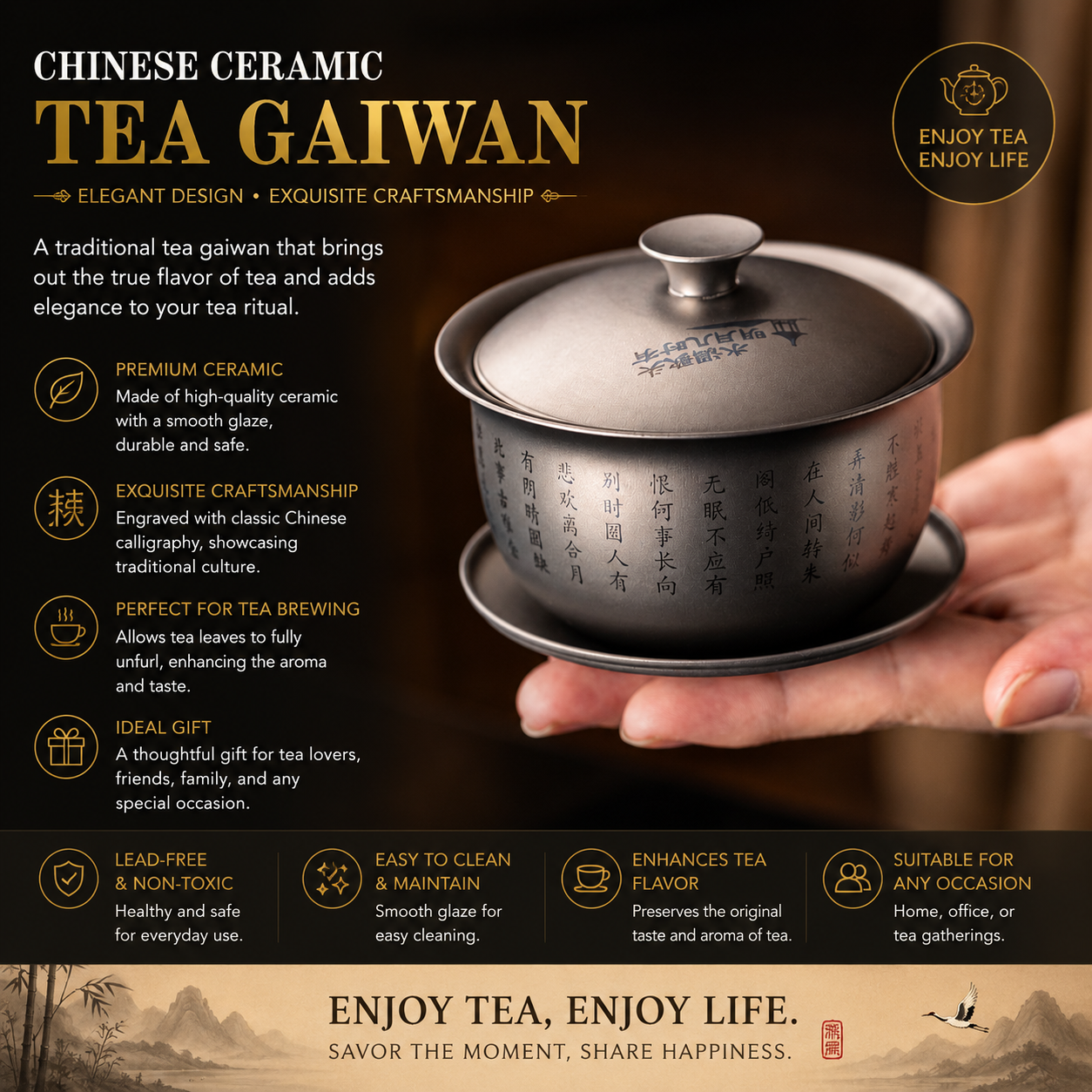 Scholar’s Serenity Calligraphy Gaiwan | Traditional Chinese Tea Bowl