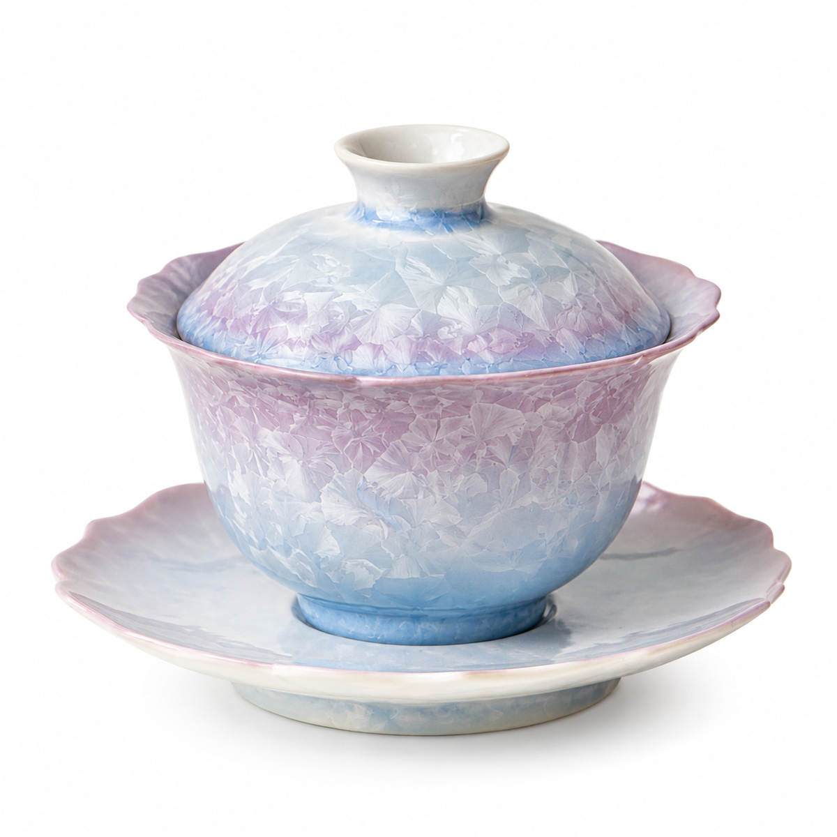 Frosted Blossom 150 mL ceramic gaiwan with pale blue, lavender and ivory crystal-like surface, lid, bowl and saucer