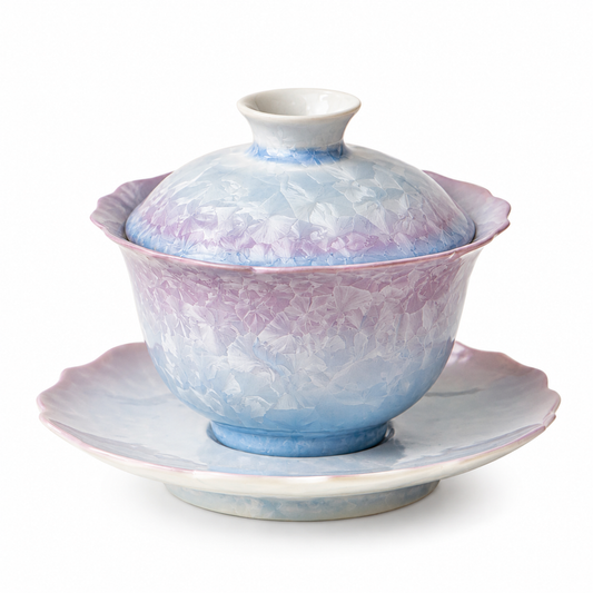 Frosted Blossom 150 mL ceramic gaiwan with pale blue, lavender and ivory crystal-like surface, lid, bowl and saucer