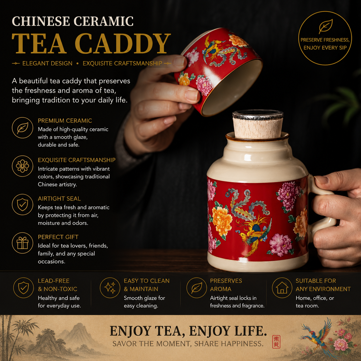 Phoenix Blossom Imperial Tea Canister™ – Airtight Ceramic Tea Storage Jar