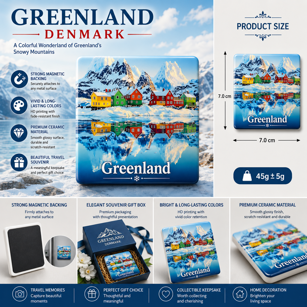 Greenland Denmark Ceramic Fridge Magnet – Arctic Nordic Village Souvenir, Scandinavian Refrigerator Magnet, Winter Travel Gift & Cozy Home Decor