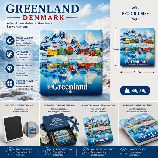 Greenland Denmark Ceramic Fridge Magnet – Arctic Nordic Village Souvenir, Scandinavian Refrigerator Magnet, Winter Travel Gift & Cozy Home Decor