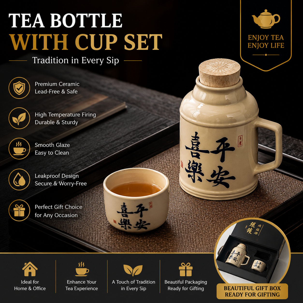 Harmony Blessing Tea Flask Set™ – Ceramic Tea Bottle with Matching Cup