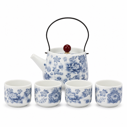 Blue Blossom Mutton Fat Jade Porcelain tea set with 180 mL overhead-handle teapot four 30 mL cups and matching floral tray