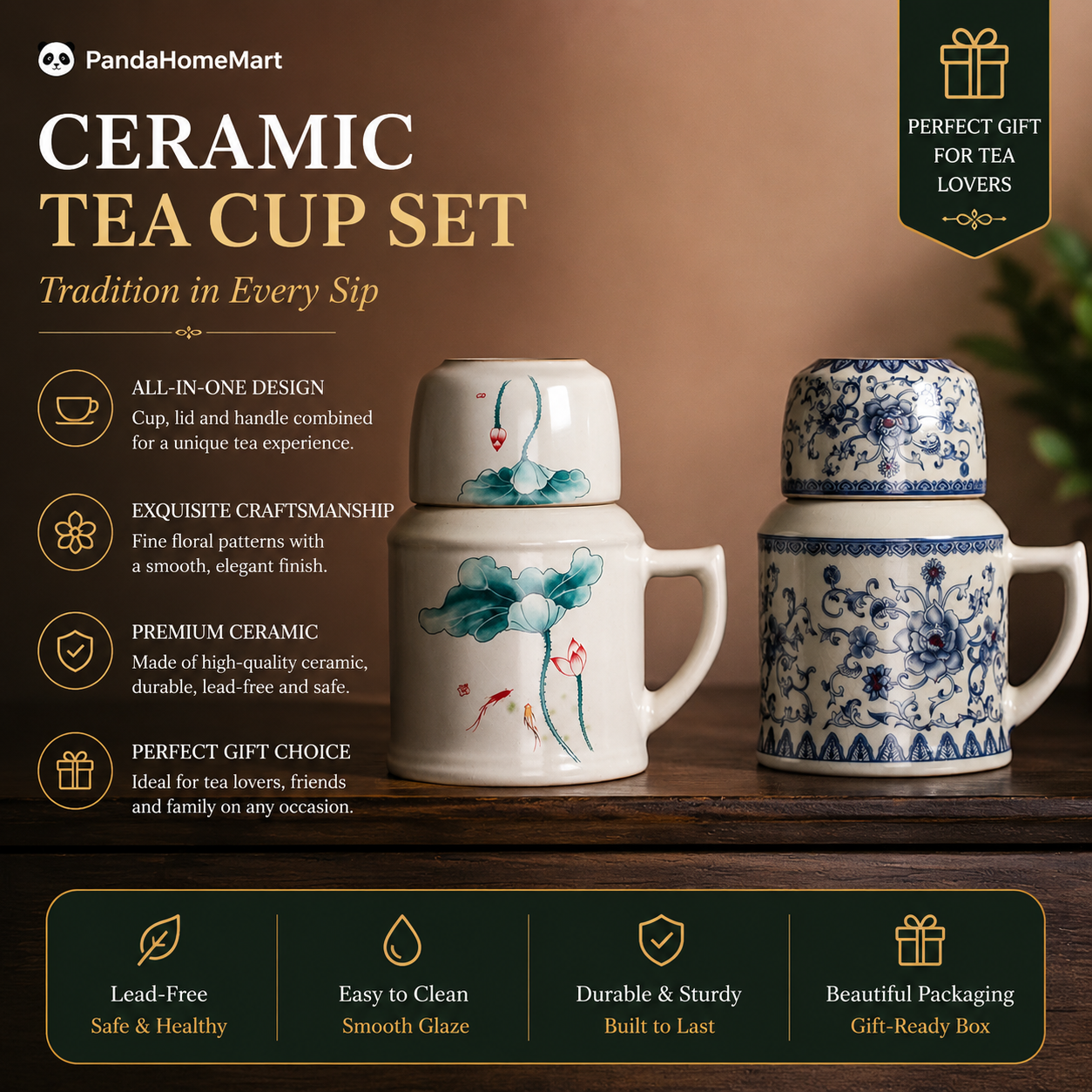 Lotus & Porcelain Elegance Tea Mug Set™ Traditional Chinese Ceramic Tea Mug with Lid