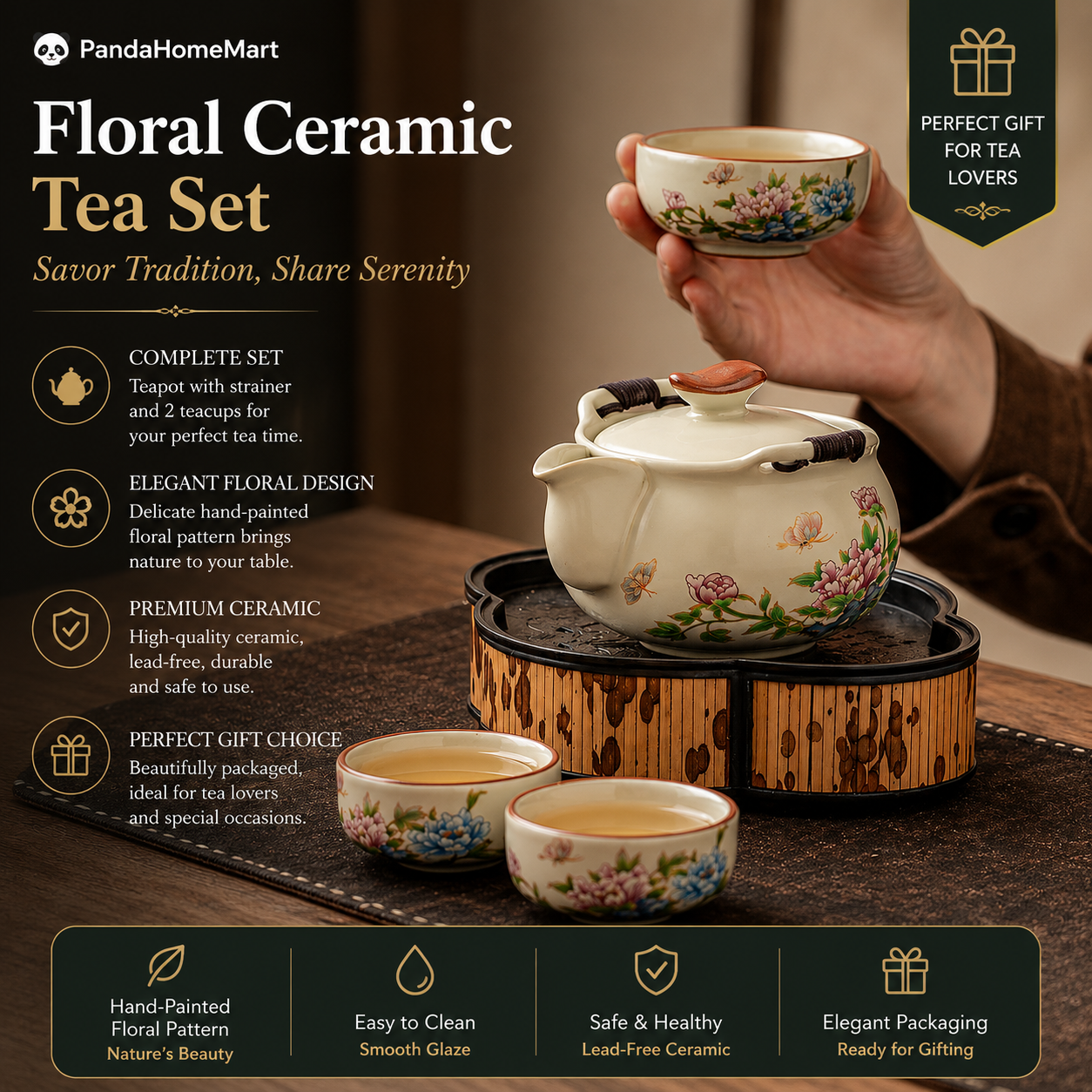 Peony Blossom Harmony Tea Set™ Hand-Painted Ceramic Teapot Set with Strainer & Tea Cups