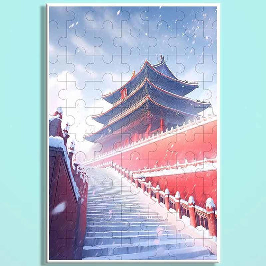 Forbidden City Snowfall Wooden Puzzle – Chinese Palace Winter Landscape Jigsaw, Oriental Snow Scene Puzzle Art for Adults & Cozy Home Decor FC006