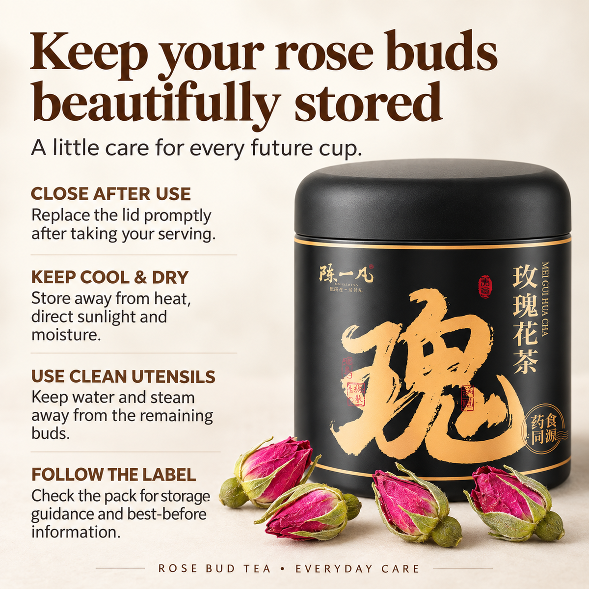 PandaHomeMart Rose Bud Tea 70g Black and Gold Canister