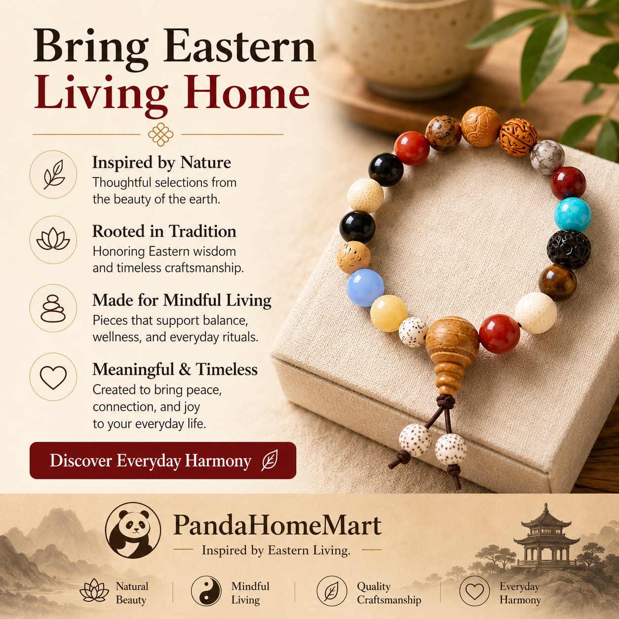Natural Bodhi Seed Bracelet with Wood &amp; Gemstone Accents