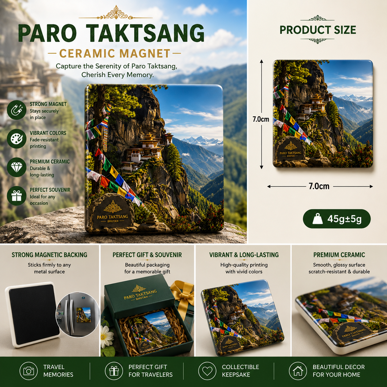 Paro Taktsang Ceramic Fridge Magnet – Bhutan Tiger’s Nest Monastery Souvenir, Himalayan Travel Magnet, Spiritual Home Decor Gift