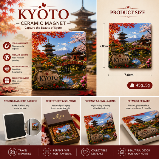 Kyoto Japan Ceramic Fridge Magnet – Japanese Temple & Sakura Souvenir, Kyoto Travel Refrigerator Magnet, Oriental Zen Home Decor Gift
