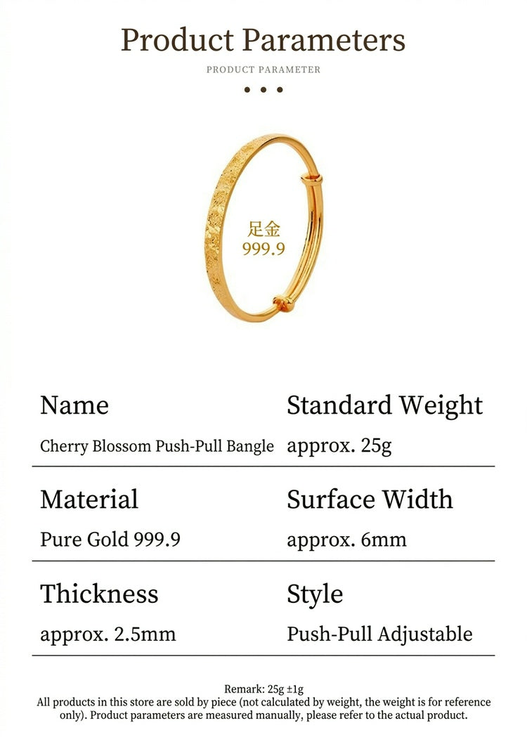 925 Pure Silver Sakura Adjustable Bangle – Vintage Chinese Floral Bracelet, Luxury Gold Tone Push-Pull Cuff Jewelry for Women