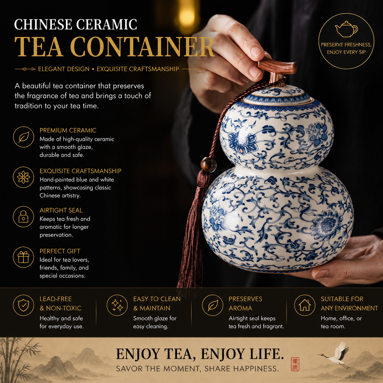 Blue Porcelain Double-Gourd Tea Caddy™ Traditional Chinese Ceramic Tea Storage Jar
