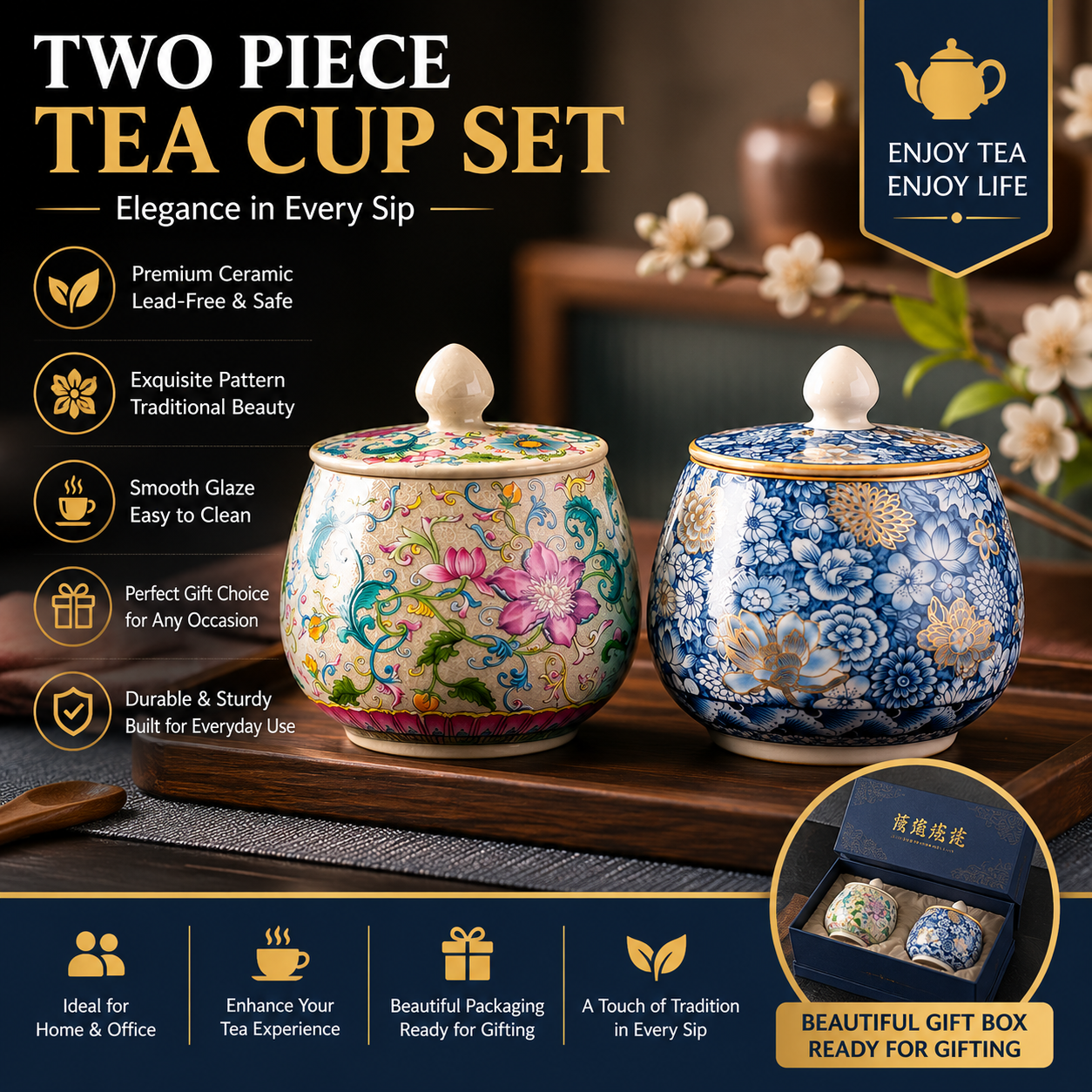 Twin Blossom Tea Storage Jar Gift Set™ Ceramic Tea Caddy Collection with Premium Gift Box