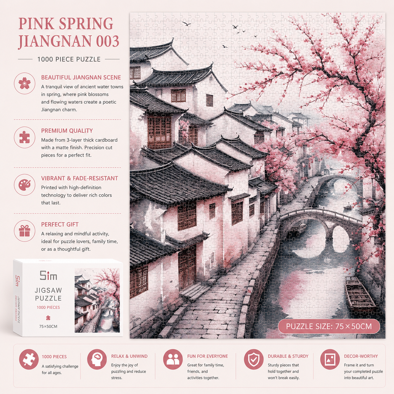 Jiangnan Cherry Blossom Puzzle – Chinese Water Town Landscape Jigsaw Puzzle, Relaxing Art Gift & Wall Decor for Adults 003