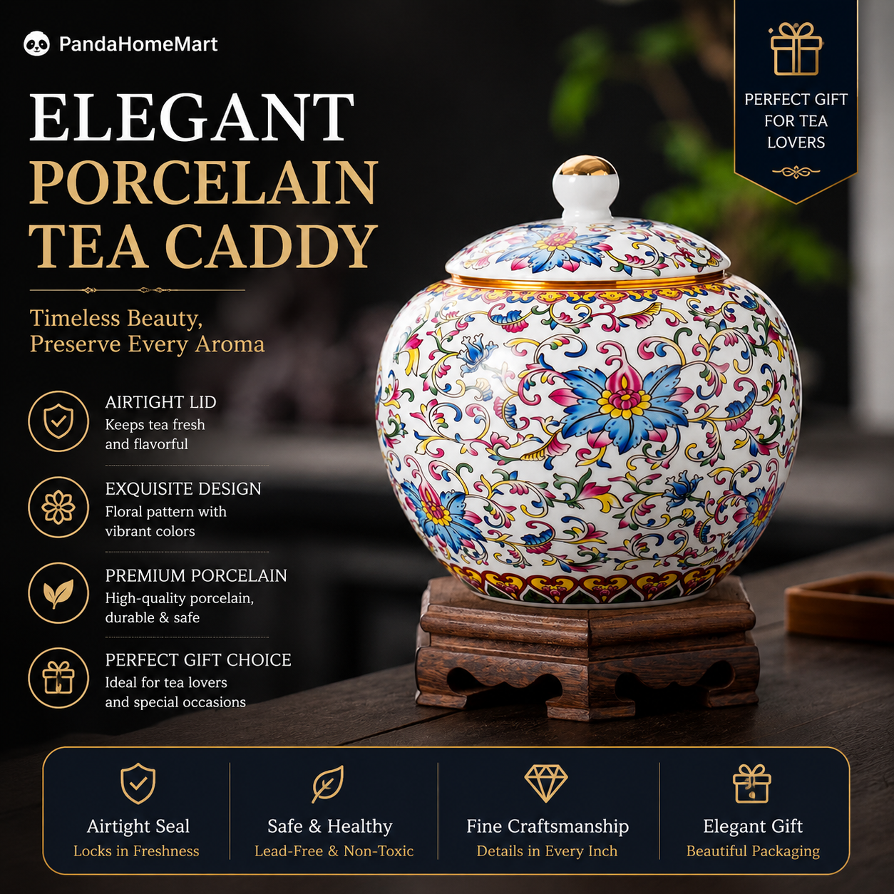 Imperial Floral Porcelain Tea Caddy™ Luxury Ceramic Tea Storage Jar with Airtight Lid