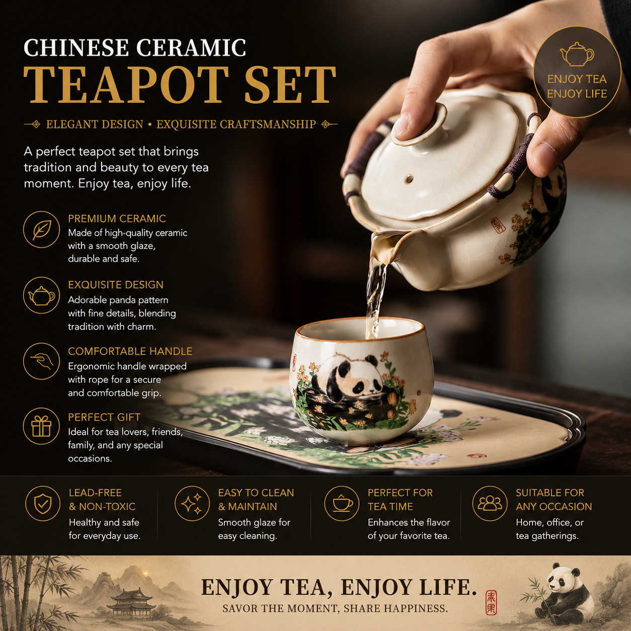 Panda Harmony Ceramic Teapot Set™ Hand-Painted Panda Tea Set for Mindful Tea Moments