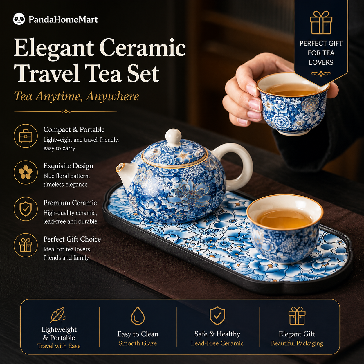 Blue Blossom Travel Tea Set™ Portable Floral Ceramic Tea Set for Tea Anytime, Anywhere