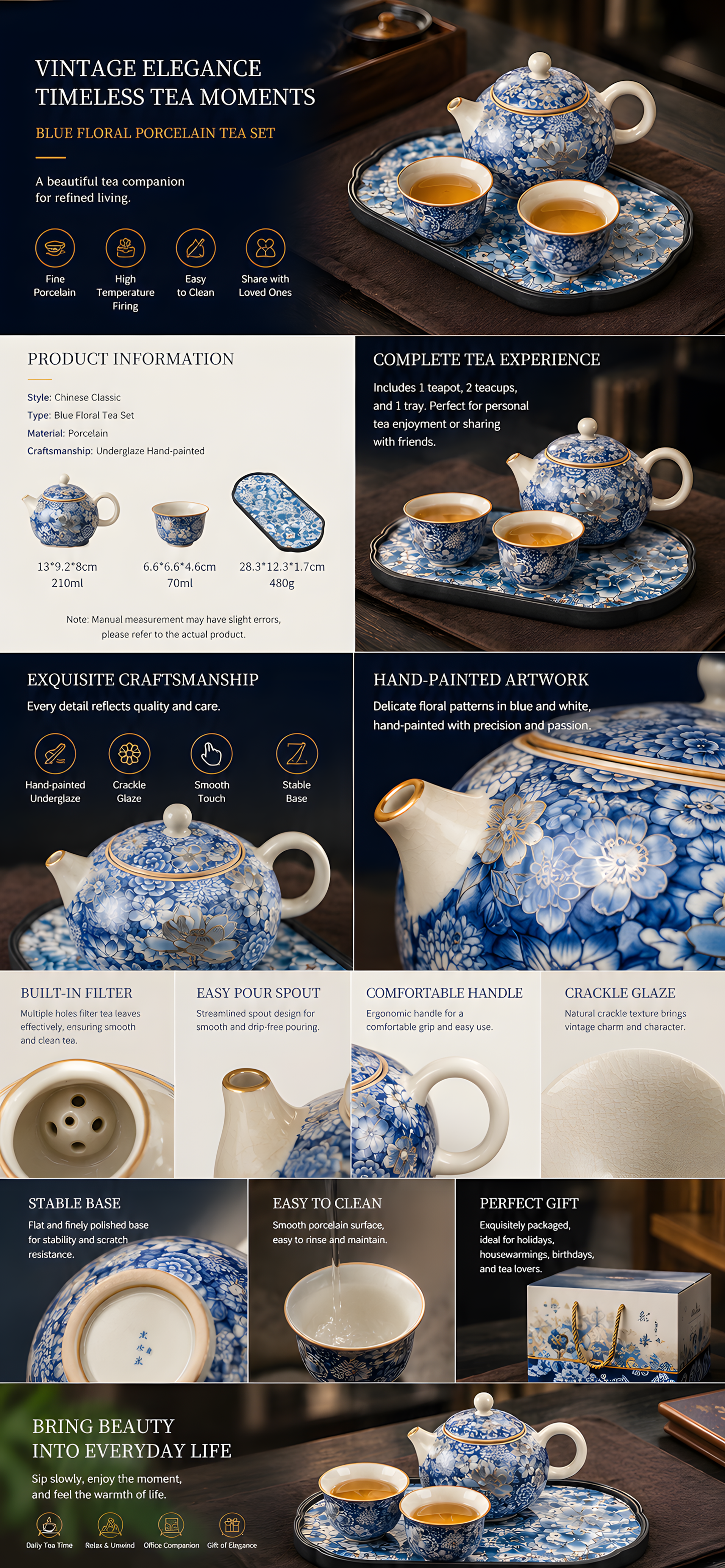 Blue Blossom Travel Tea Set™ Portable Floral Ceramic Tea Set for Tea Anytime, Anywhere