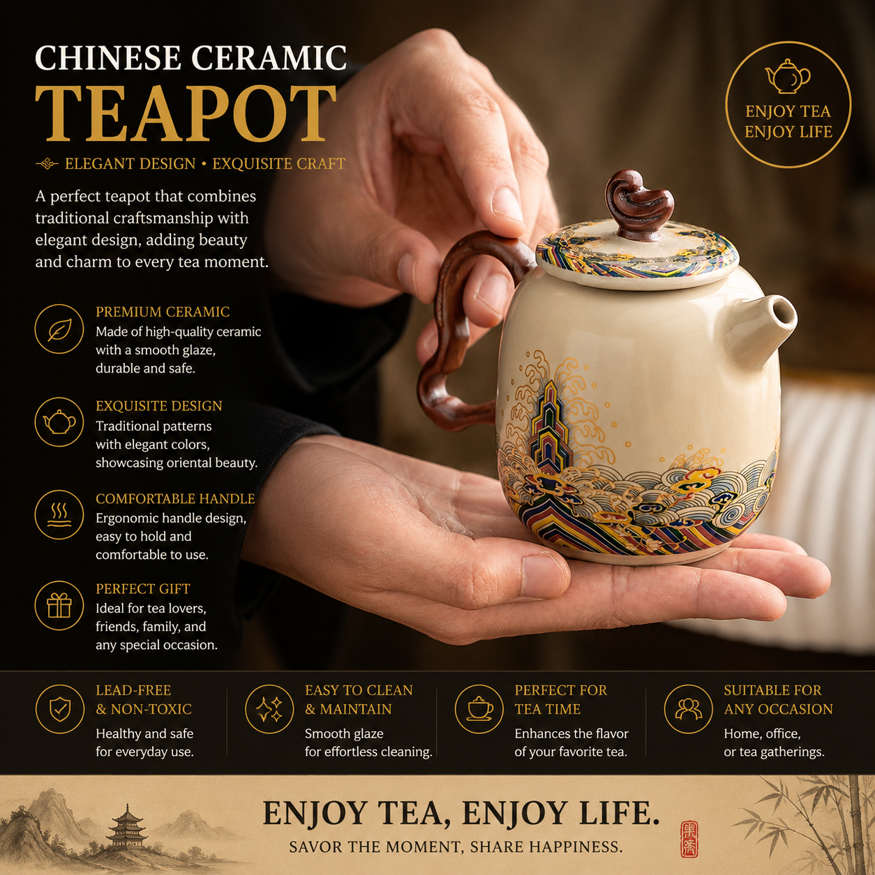 Imperial Harmony Ceramic Teapot™ Traditional Chinese Teapot with Hand-Painted Palace Art