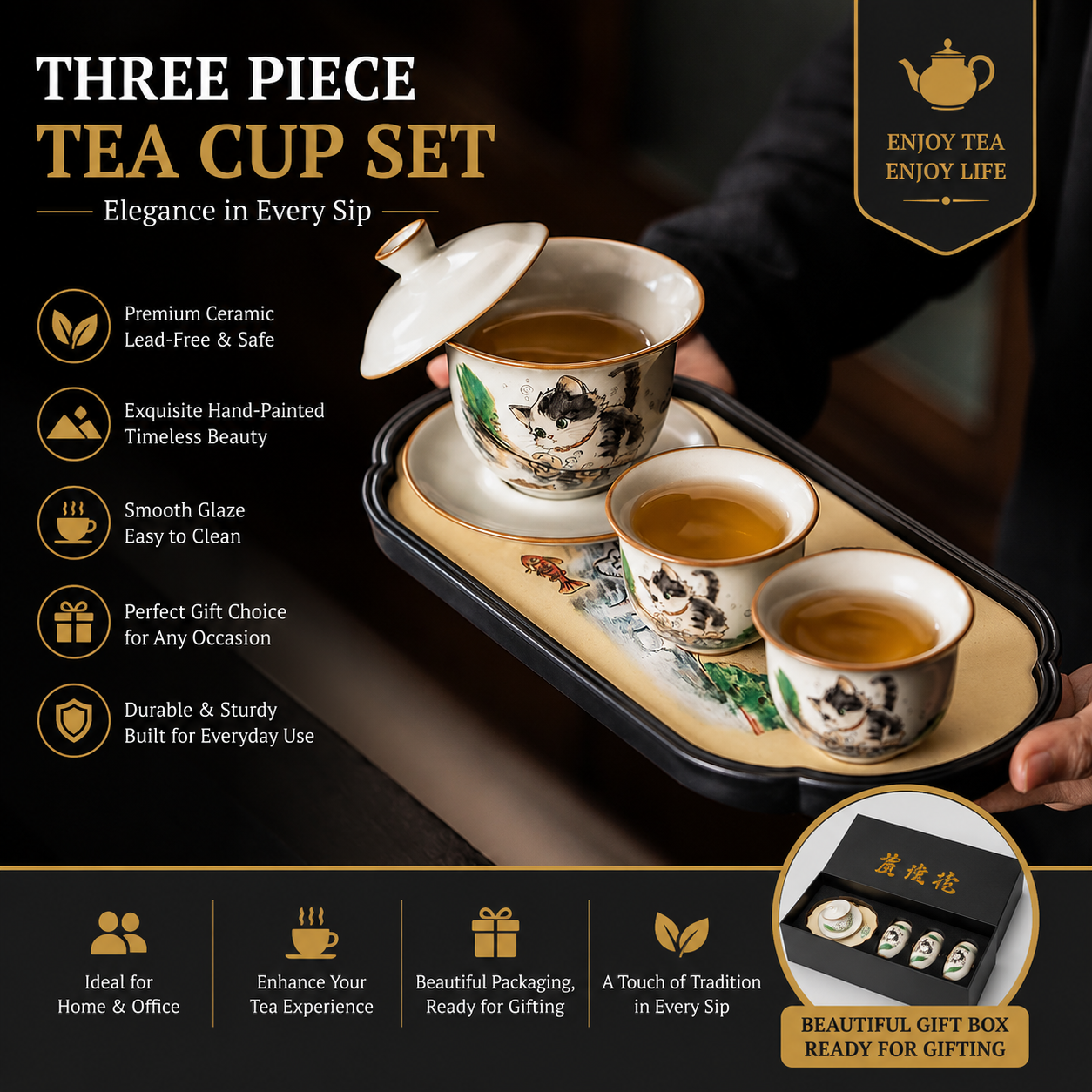 Lucky Cat Gaiwan Tea Gift Set™ Hand-Painted Ceramic Gaiwan Set for Tea Lovers