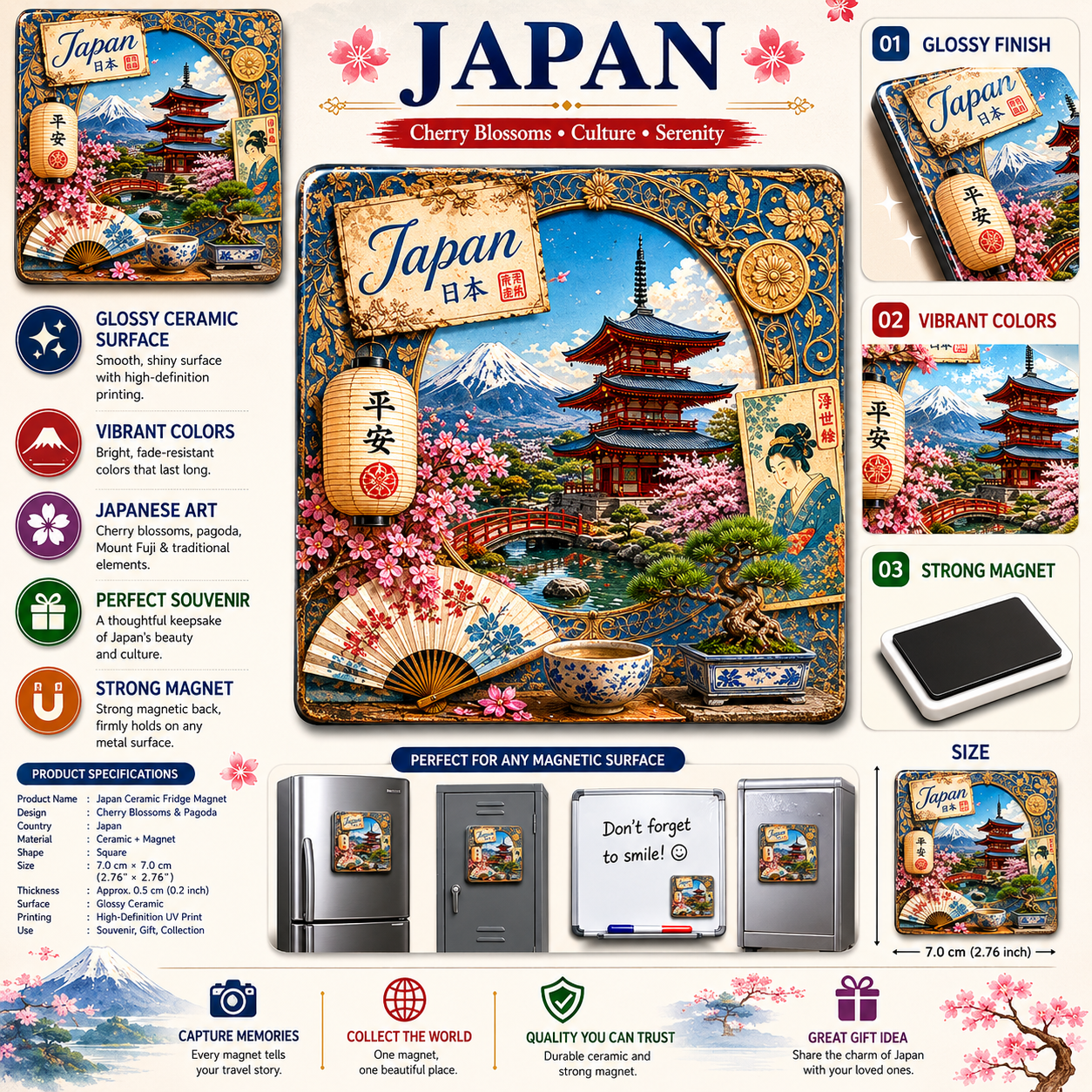 Japan Cherry Blossom Pagoda Ceramic Fridge Magnet