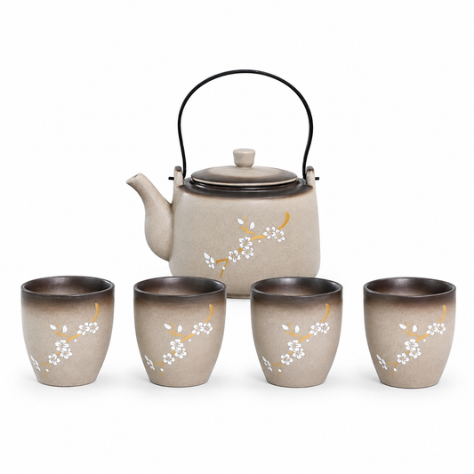 Plum Blossom ceramic tea set with 650 mL overhead-handle teapot and four matching 120 mL tea cups