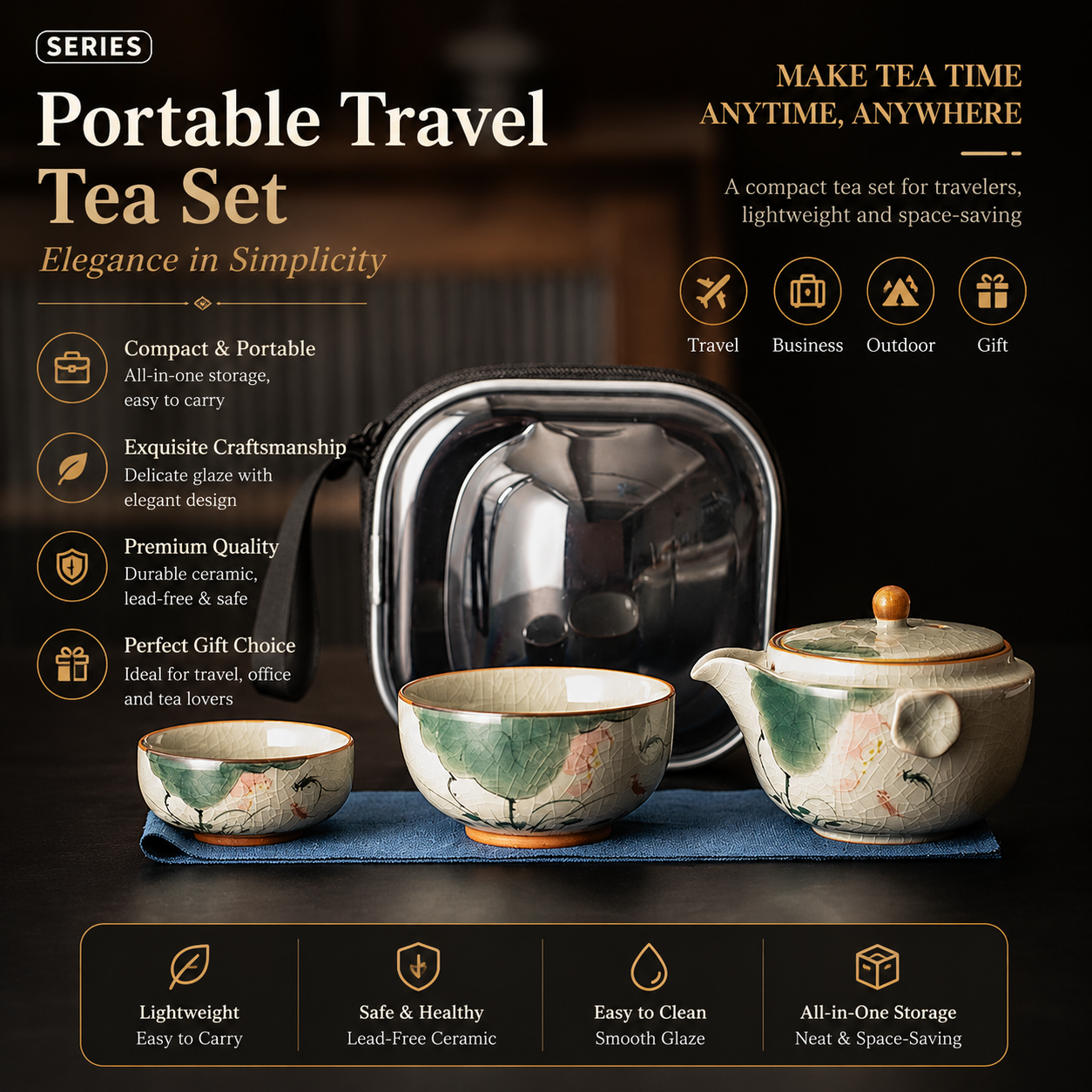 Lotus Bloom Travel Tea Set™ Portable Ceramic Gongfu Tea Set for Tea Anywhere