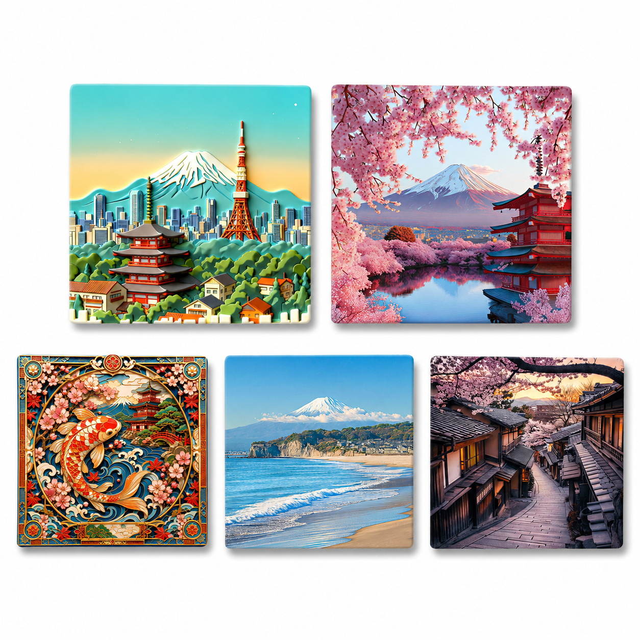Japan Heritage & Sakura Ceramic Fridge Magnet Collection™ Five Timeless Symbols of Japan