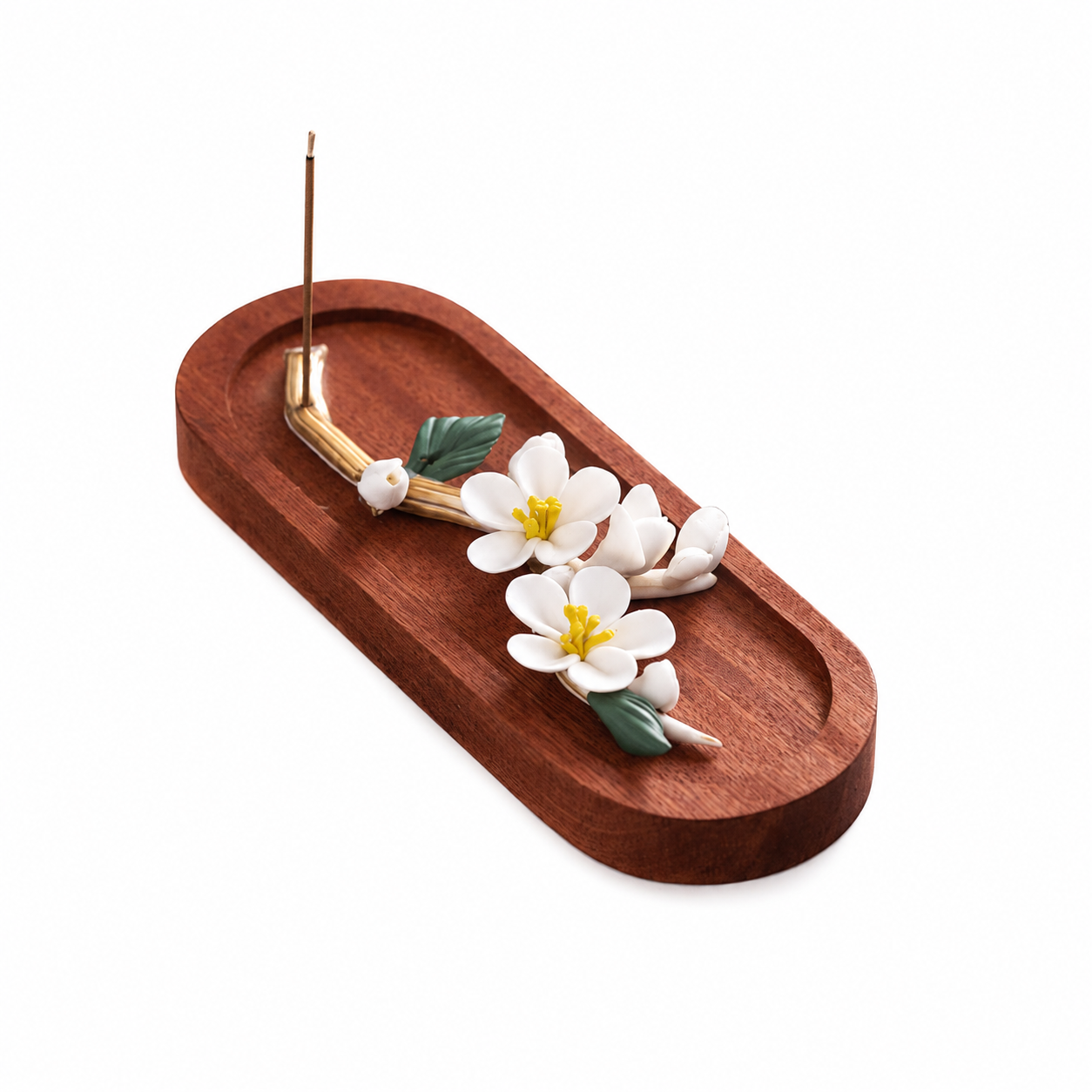 Handcrafted Magnolia Blossom Incense Holder featuring delicate white magnolia flowers, brass incense holder, and natural wooden tray for meditation, tea ceremonies, and elegant Zen home décor.