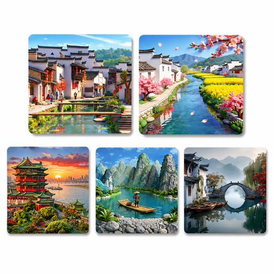 Jiangnan & Southern China Collection™ 5-Piece Premium China Cultural Landscapes Fridge Magnet Set