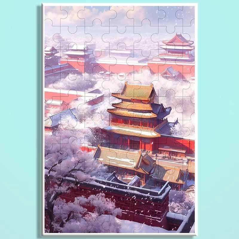 Forbidden City Snowfall Wooden Puzzle – Chinese Palace Winter Landscape Jigsaw, Oriental Snow Scene Puzzle Art for Adults & Cozy Home Decor FC007