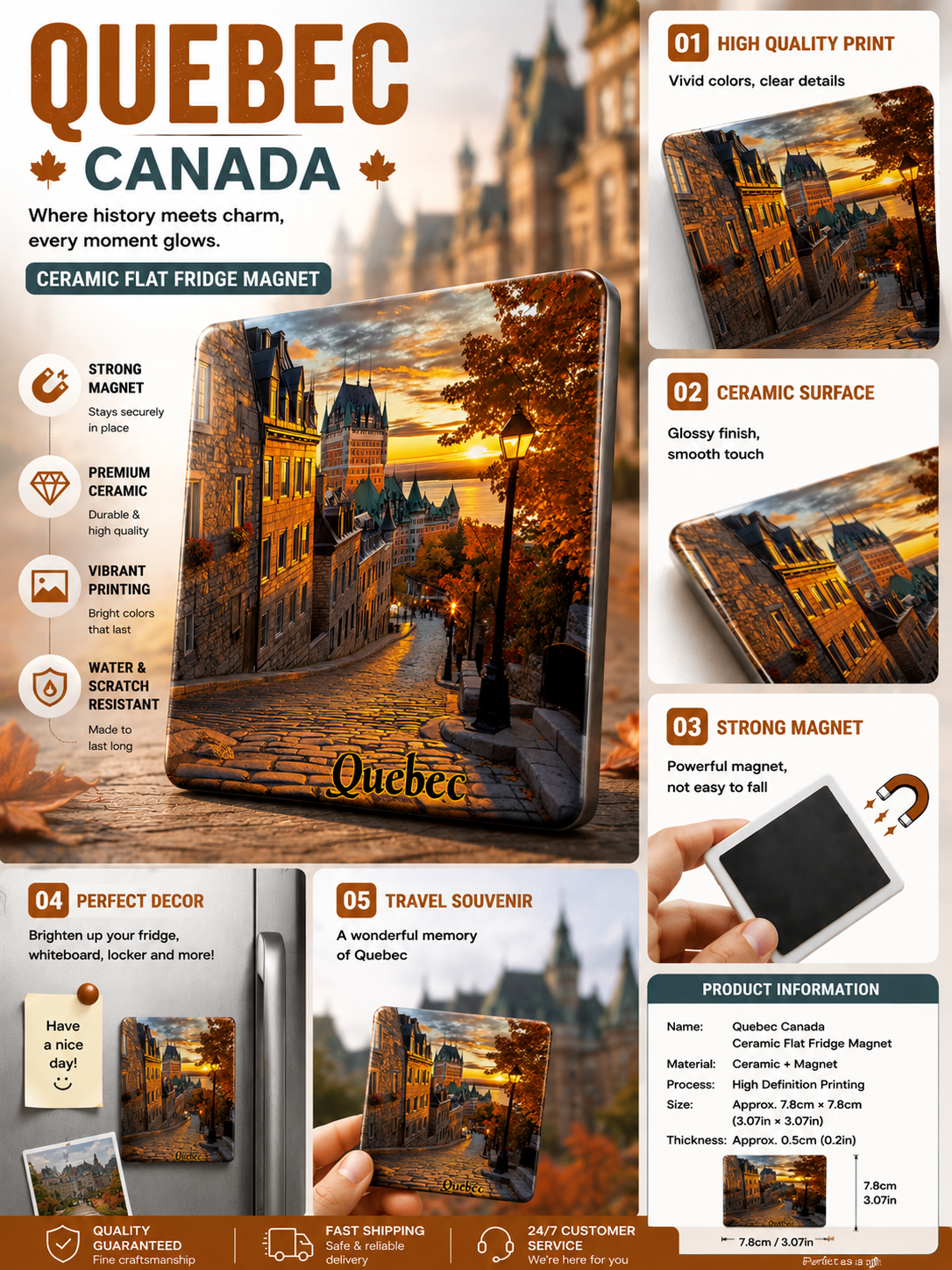 Quebec Canada Ceramic Fridge Magnet – Old Quebec Sunset Travel Souvenir Magnet | Canadian City Refrigerator Decor Gift