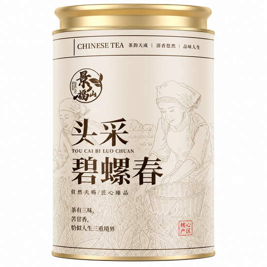 First-Pick Biluochun Green Tea 200 g Tou Cai Chinese loose-leaf green tea in ivory gold tea tin